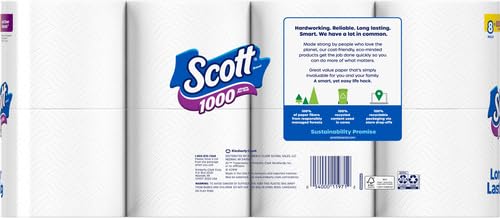 Scott 1000 Toilet Paper, 8 Rolls, Septic-Safe, 1-Ply Toilet Tissue
