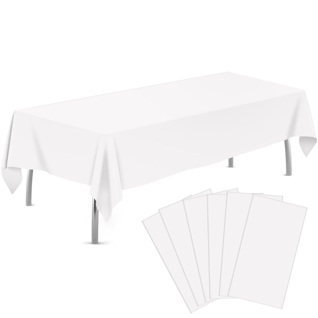 tujol White 6 Pack Plastic Table Cloth 54" x 108", Disposable Tablecloths Rectangle Table Cover, Plastic Tablecloths for Parties