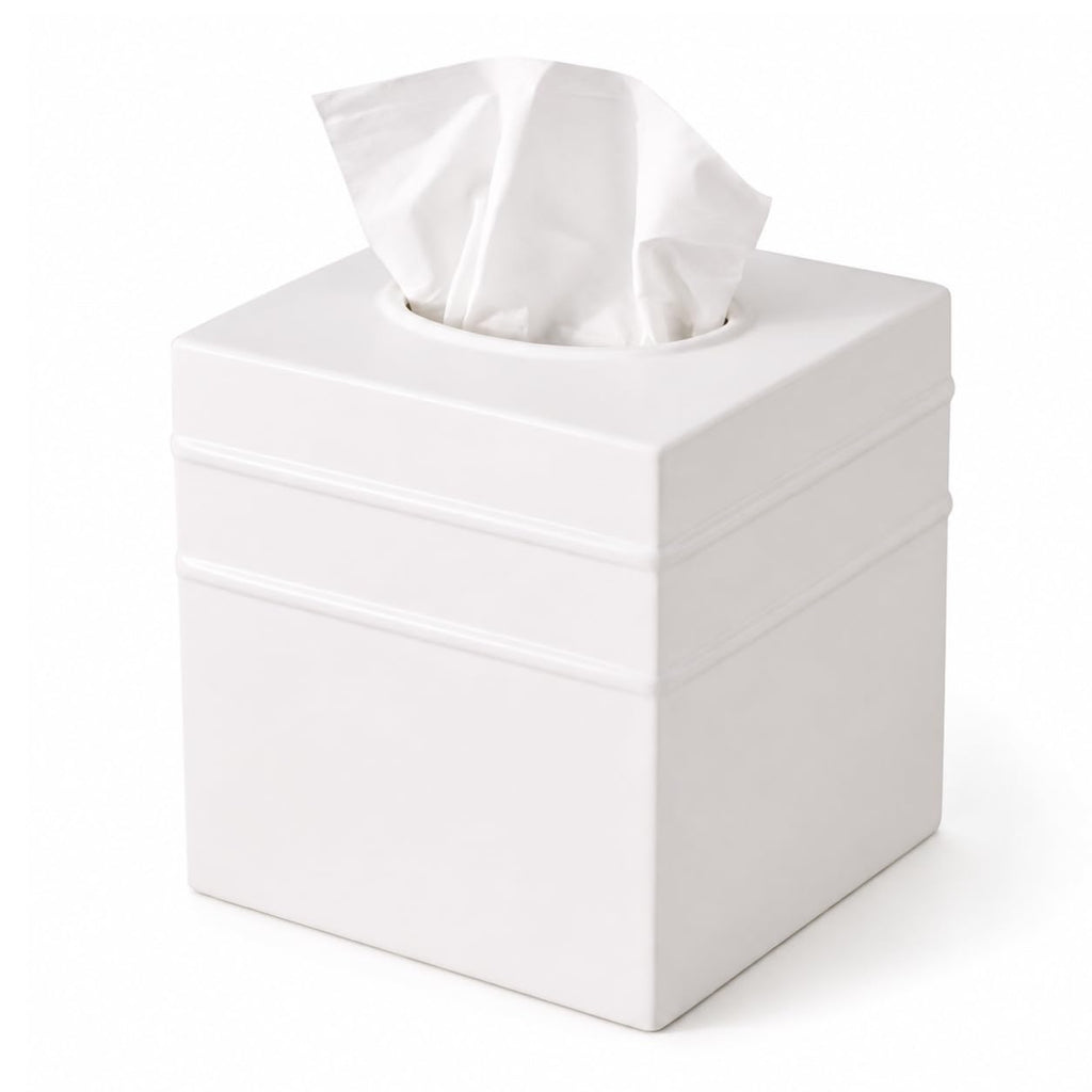 Monarch Abode Tissue Box Cover Square – Handcrafted Border Embossed White Metal Tissue Holder Box for Bathroom Accessory, Aesthetic Decorative Facial Napkin Cube for Modern Home Decor