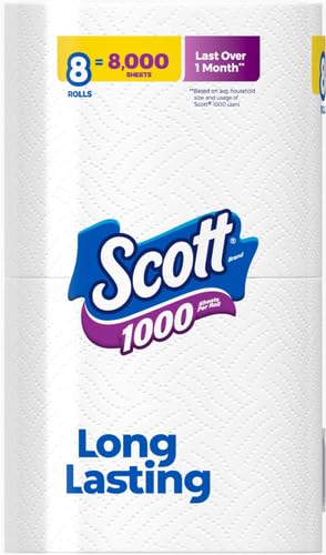 Scott 1000 Toilet Paper, 8 Rolls, Septic-Safe, 1-Ply Toilet Tissue