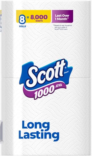 Scott 1000 Toilet Paper, 8 Rolls, Septic-Safe, 1-Ply Toilet Tissue