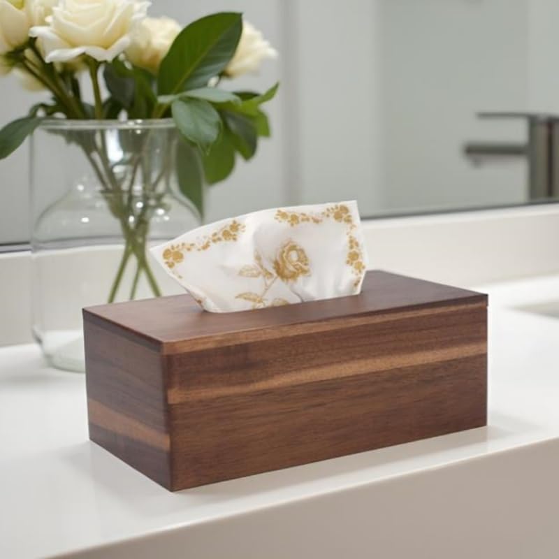 Tissue Box Cover Rectangle, Wood Tissue Box Holder, Wooden Facial Paper Holder for Bathroom, Bedroom, Dinner Table, Office (1 Pack, 9.8 x 5.5 x 3.7 inch)
