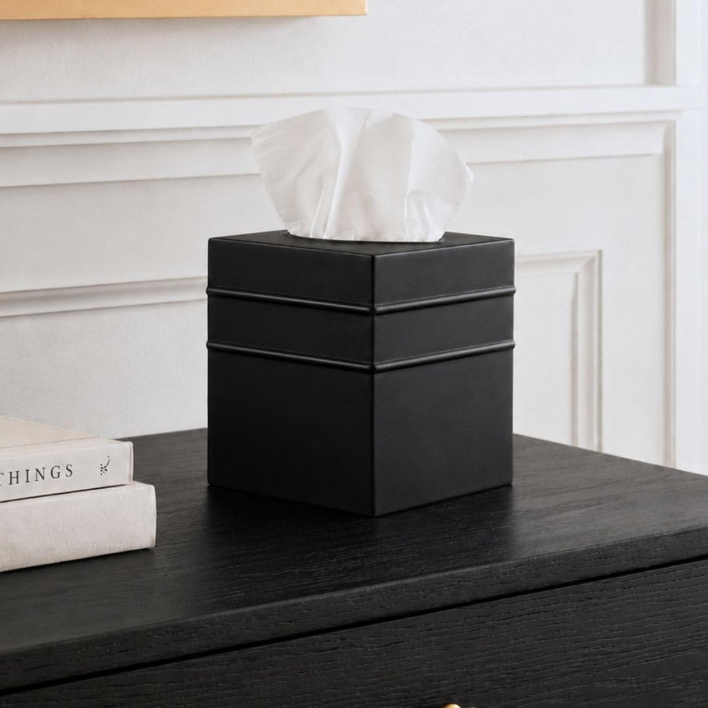 Monarch Abode Tissue Box Cover Square – Handcrafted Border Embossed Black Metal Tissue Holder Box for Bathroom Accessory, Aesthetic Decorative Facial Napkin Cube for Modern Home Decor