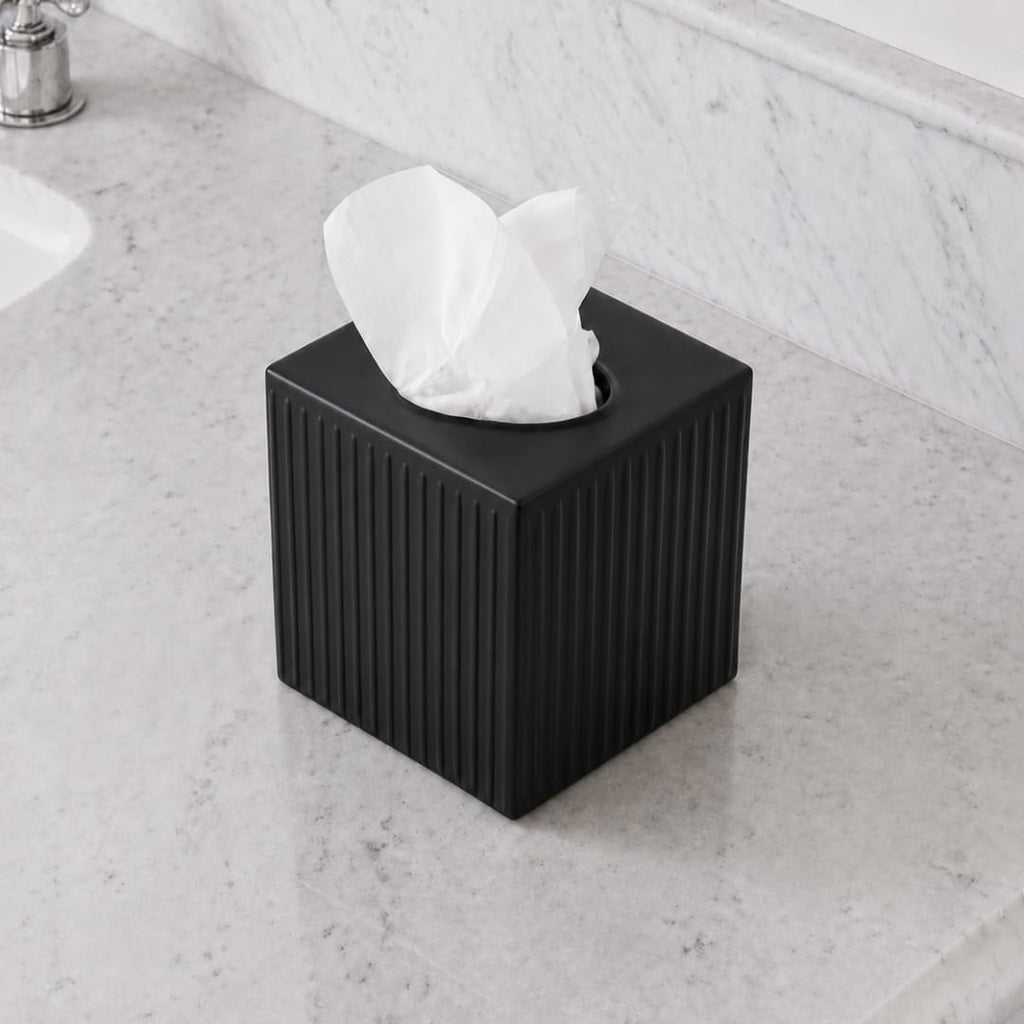 Monarch Abode Tissue Box Cover Square – Handcrafted Ridge Embossed Black Metal Tissue Holder Box for Bathroom Accessory, Aesthetic Decorative Facial Napkin Cube for Modern Home Decor