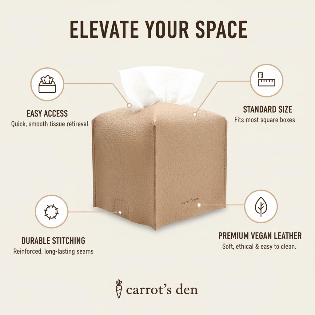 Carrot’s Den PU Leather Tissue Box Cover Holder, Bathroom Decor, Beige