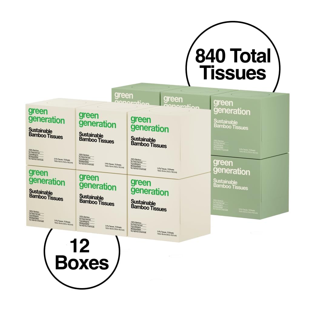Green Generation Bamboo Facial Tissues Cube Boxes - 3-Ply, 70 Sheets/Box, 12 Multicolor Face Tissue Boxes, 840 Unscented Organic Soft Paper Facial Tissuefor Daily Use - Hypoallergenic,FSC Certified