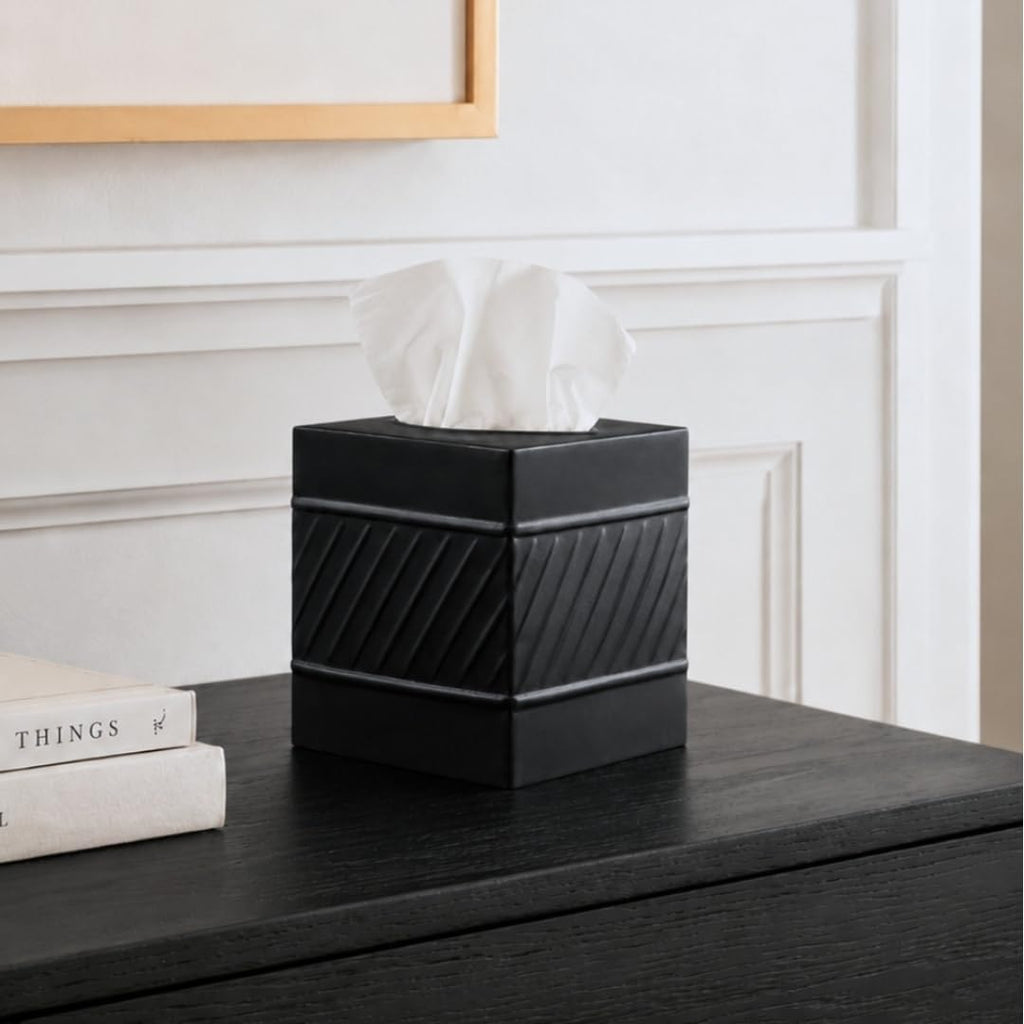 Monarch Abode Tissue Box Cover Square – Handcrafted Wave Embossed Black Metal Tissue Holder Box for Bathroom Accessory, Aesthetic Decorative Facial Napkin Cube for Modern Home Decor