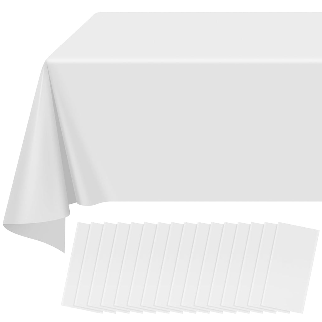 16 Pack White Plastic Tablecloth for Rectangle Tables, Premium Decorative White Disposable Table Cloths for Parties, Bulk Rectangle Party Table Cover for Birthday, Wedding, Anniversary, 54 x 108 Inch