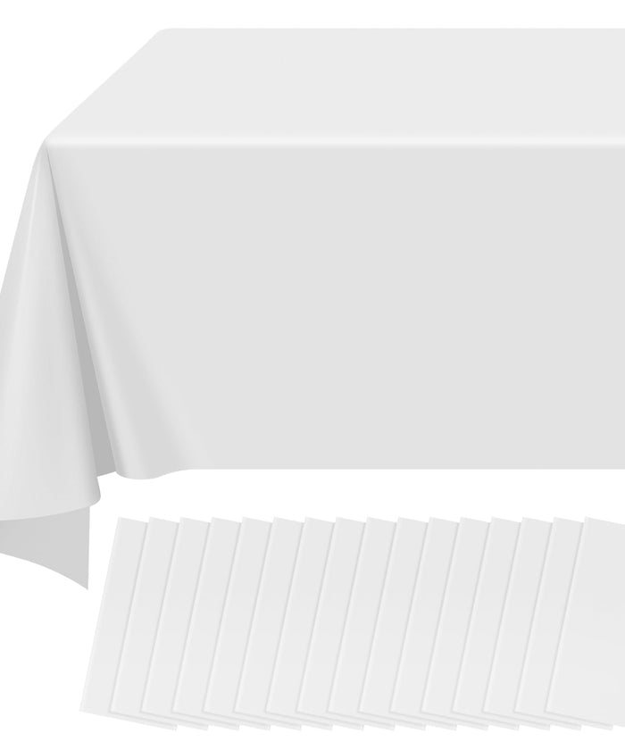 16 Pack White Plastic Tablecloth for Rectangle Tables, Premium Decorative White Disposable Table Cloths for Parties, Bulk Rectangle Party Table Cover for Birthday, Wedding, Anniversary, 54 x 108 Inch