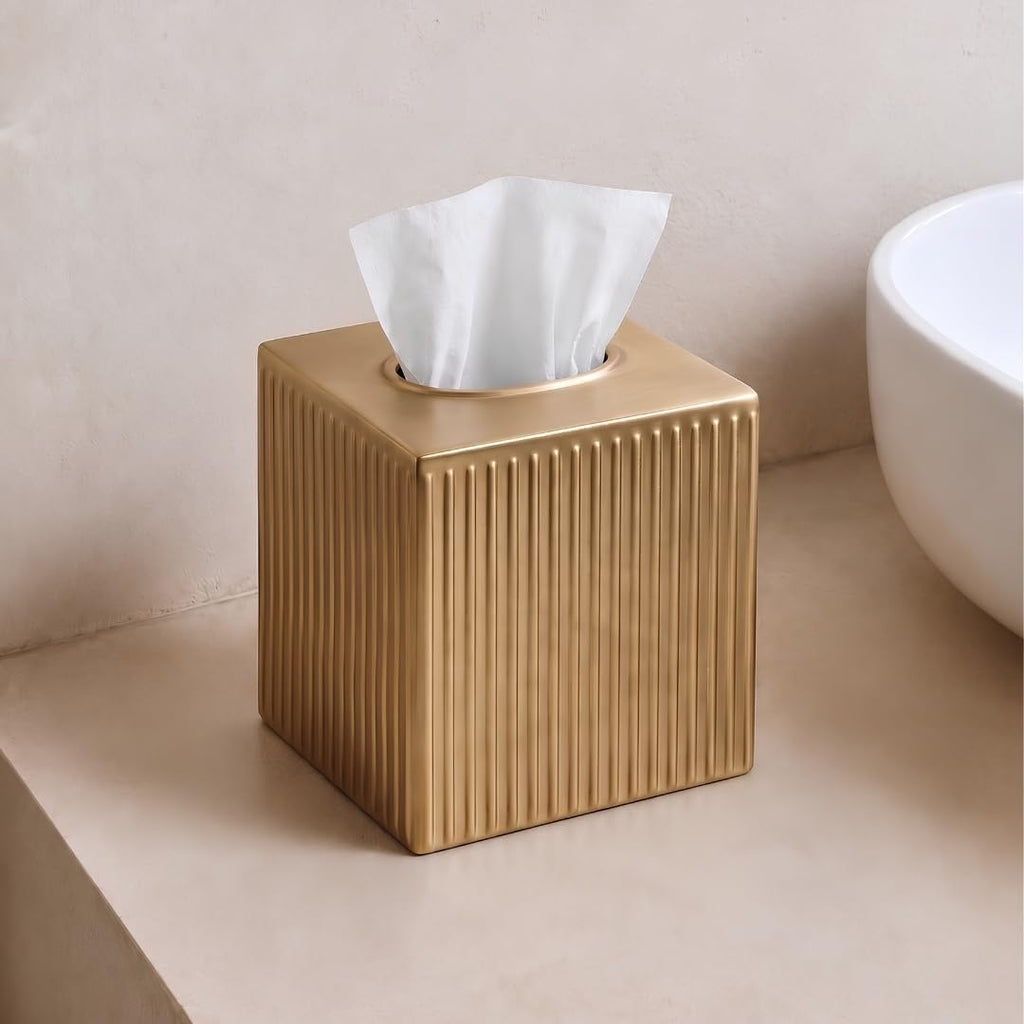 Monarch Abode Tissue Box Cover Square – Handcrafted Ridge Embossed Brushed Gold Metal Tissue Holder Box for Bathroom Accessory, Aesthetic Decorative Facial Napkin Cube for Modern Home Decor