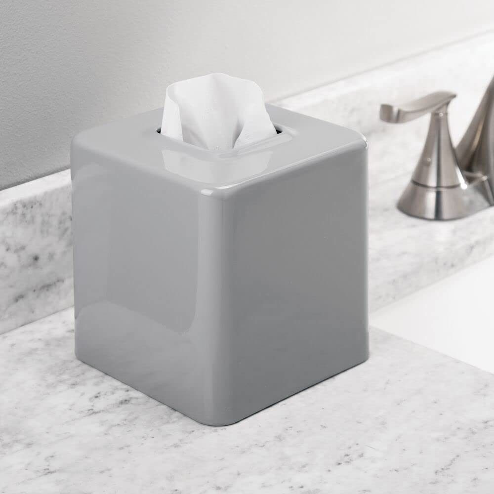 mDesign Metal Square Tissue Box Cover, Modern Facial Paper Holder - Accessories for Bathroom Vanity Countertop, Bedroom Dresser, Night Stand, Desk, Office and End Table - Unity Collection - Gray