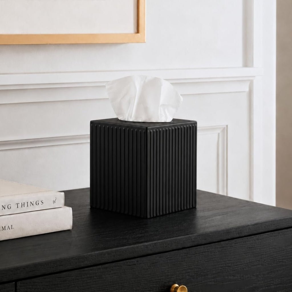 Monarch Abode Tissue Box Cover Square – Handcrafted Ridge Embossed Black Metal Tissue Holder Box for Bathroom Accessory, Aesthetic Decorative Facial Napkin Cube for Modern Home Decor