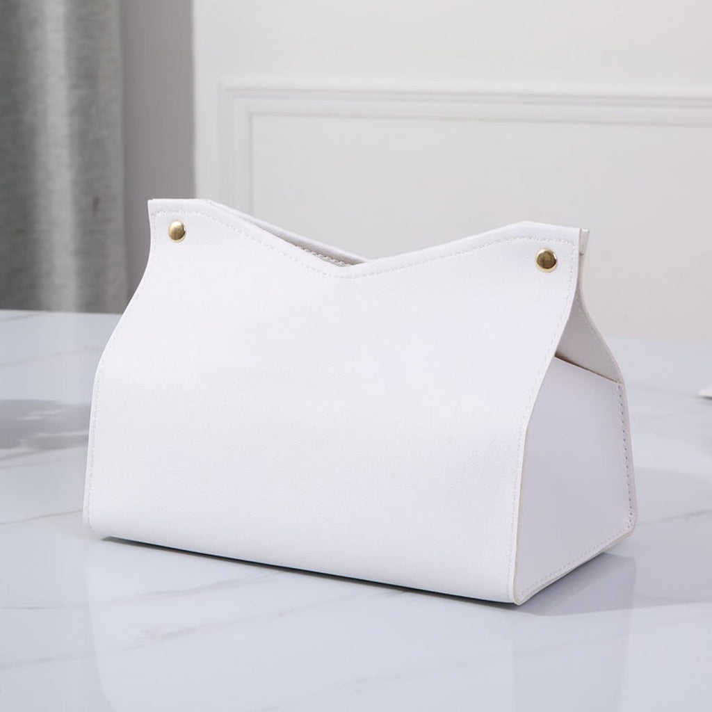 Aguoqwen 1PCS PU Leather Tissue Box Cover, Rectangle Facial Paper Organizer Dispenser, Modern Tissue Case Holder for Vanity Countertop Nightstands Living Room Office Desk Car (White)