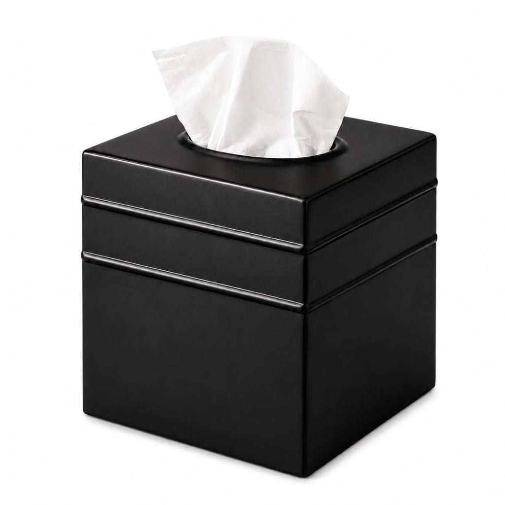 Monarch Abode Tissue Box Cover Square – Handcrafted Border Embossed Black Metal Tissue Holder Box for Bathroom Accessory, Aesthetic Decorative Facial Napkin Cube for Modern Home Decor