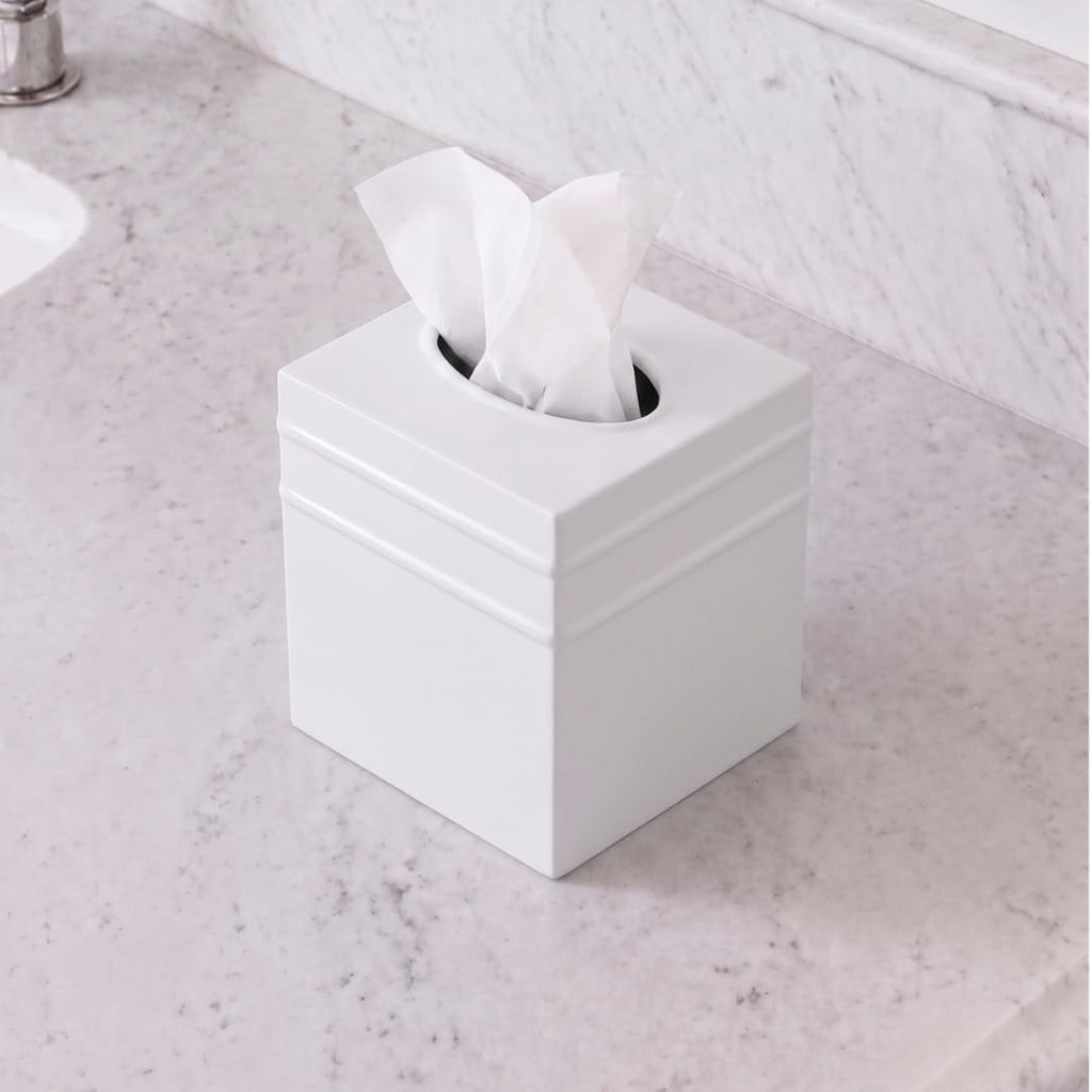 Monarch Abode Tissue Box Cover Square – Handcrafted Border Embossed White Metal Tissue Holder Box for Bathroom Accessory, Aesthetic Decorative Facial Napkin Cube for Modern Home Decor