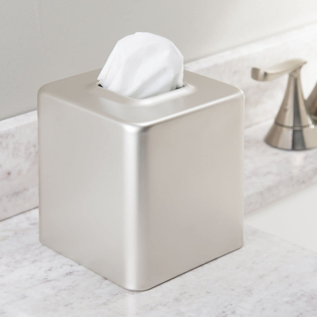 mDesign Steel Square Tissue Box Cover, Modern Facial Tissue Holder for Bathroom Vanity Countertops, Bedroom Dressers, Night Stands, Desks, Office and Tables - Unity Collection - Satin
