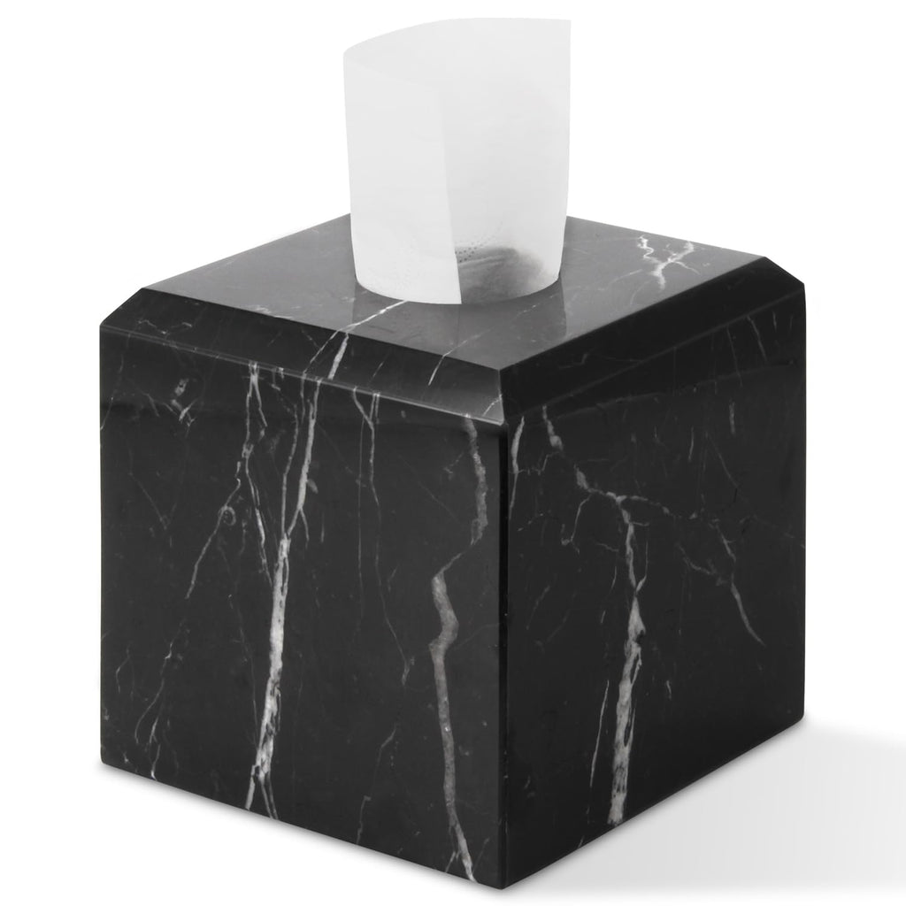 Natural Marble Square Tissue Box Cover ,Stone Modern Decorative Sturdy Napkin Box Holder Case,Facial Paper Organizer for Bathroom Vanity Toilet Countertop,Kitchen (1, Black Marquina, 5.71*5.71*5.51)
