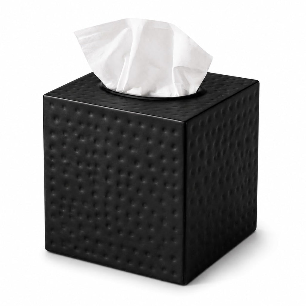 Monarch Abode Tissue Box Cover Square – Hand Hammered Black Metal Tissue Holder Box for Bathroom Accessory, Aesthetic Decorative Facial Napkin Cube for Modern Home Decor