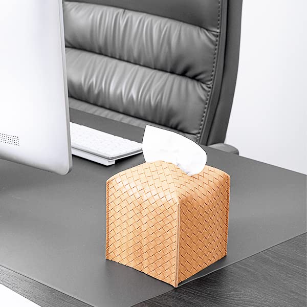 Tissue Box Cover Square Leather Facial Paper Holder, Khaki