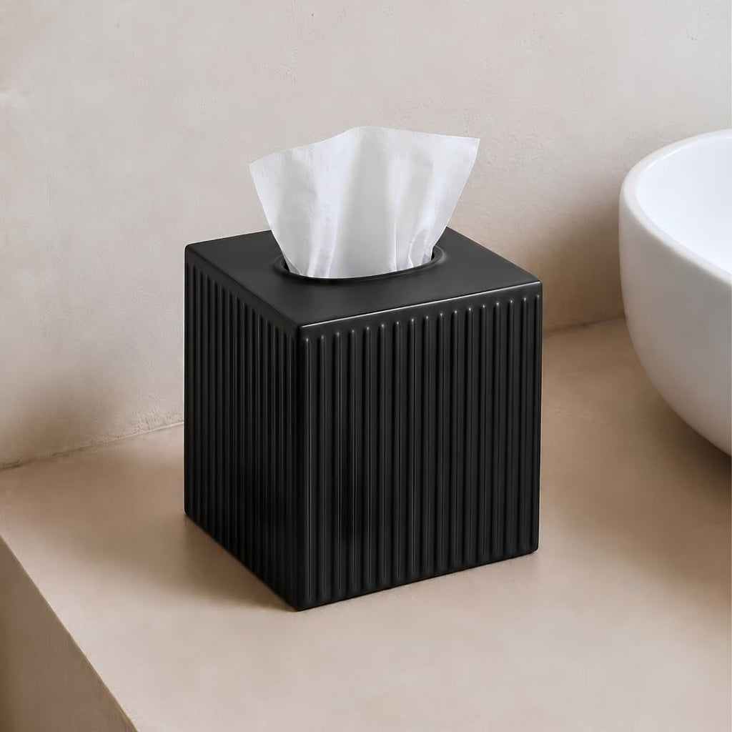 Monarch Abode Tissue Box Cover Square – Handcrafted Ridge Embossed Black Metal Tissue Holder Box for Bathroom Accessory, Aesthetic Decorative Facial Napkin Cube for Modern Home Decor
