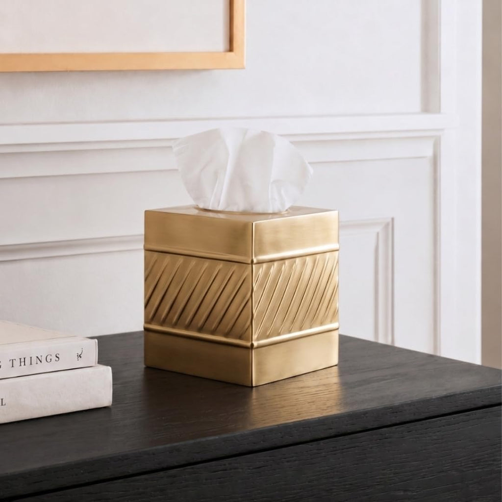Monarch Abode Tissue Box Cover Square – Handcrafted Wave Embossed Brushed Gold Metal Tissue Holder Box for Bathroom Accessory, Aesthetic Decorative Facial Napkin Cube for Modern Home Decor