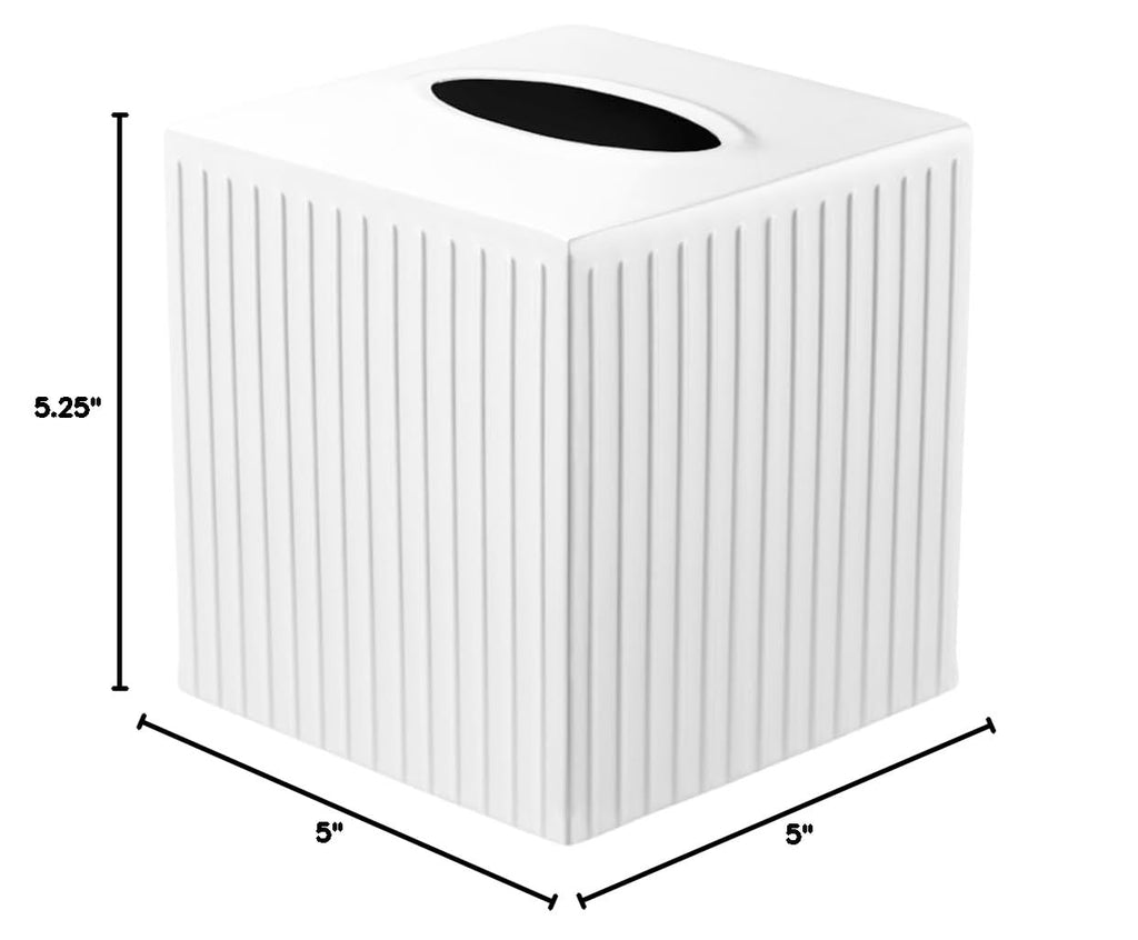 Monarch Abode Tissue Box Cover Square – Handcrafted Ridge Embossed White Metal Tissue Holder Box for Bathroom Accessory, Aesthetic Decorative Facial Napkin Cube for Modern Home Decor