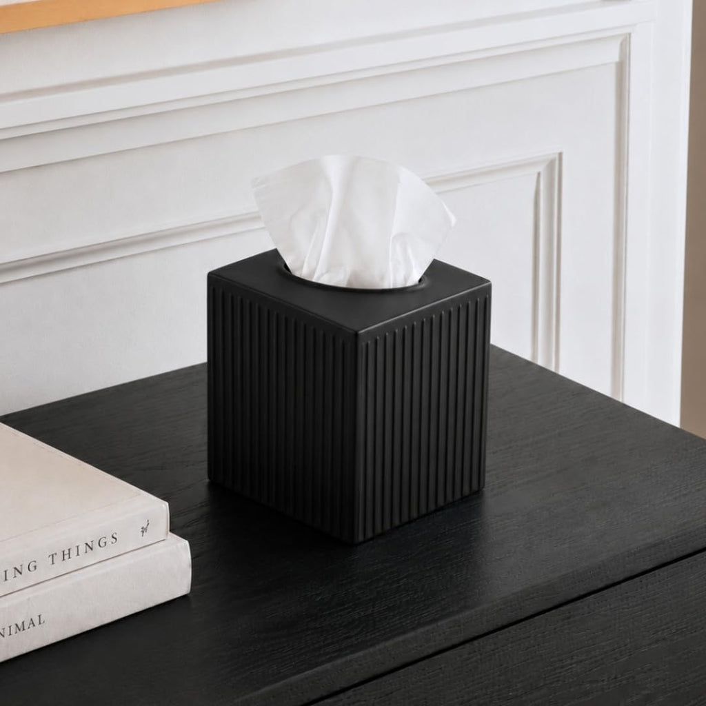 Monarch Abode Tissue Box Cover Square – Handcrafted Ridge Embossed Black Metal Tissue Holder Box for Bathroom Accessory, Aesthetic Decorative Facial Napkin Cube for Modern Home Decor