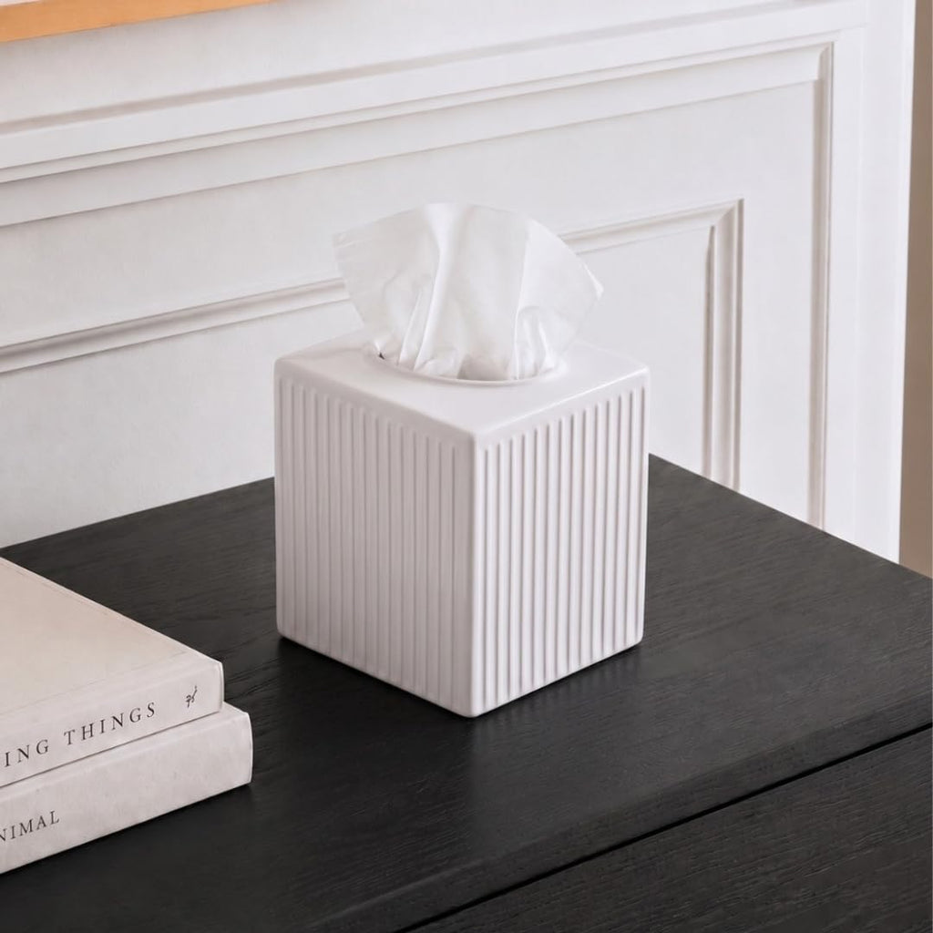 Monarch Abode Tissue Box Cover Square – Handcrafted Ridge Embossed White Metal Tissue Holder Box for Bathroom Accessory, Aesthetic Decorative Facial Napkin Cube for Modern Home Decor
