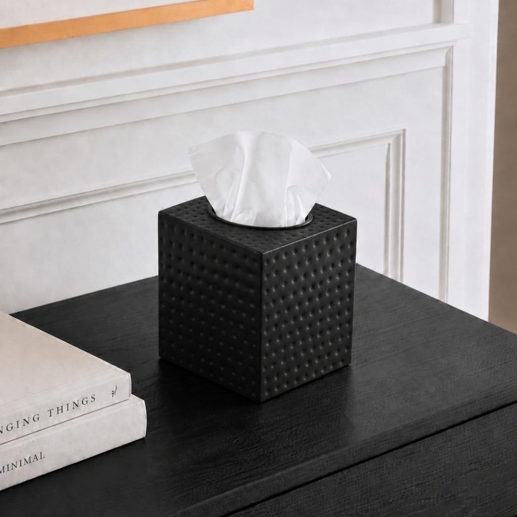Monarch Abode Tissue Box Cover Square – Hand Hammered Black Metal Tissue Holder Box for Bathroom Accessory, Aesthetic Decorative Facial Napkin Cube for Modern Home Decor