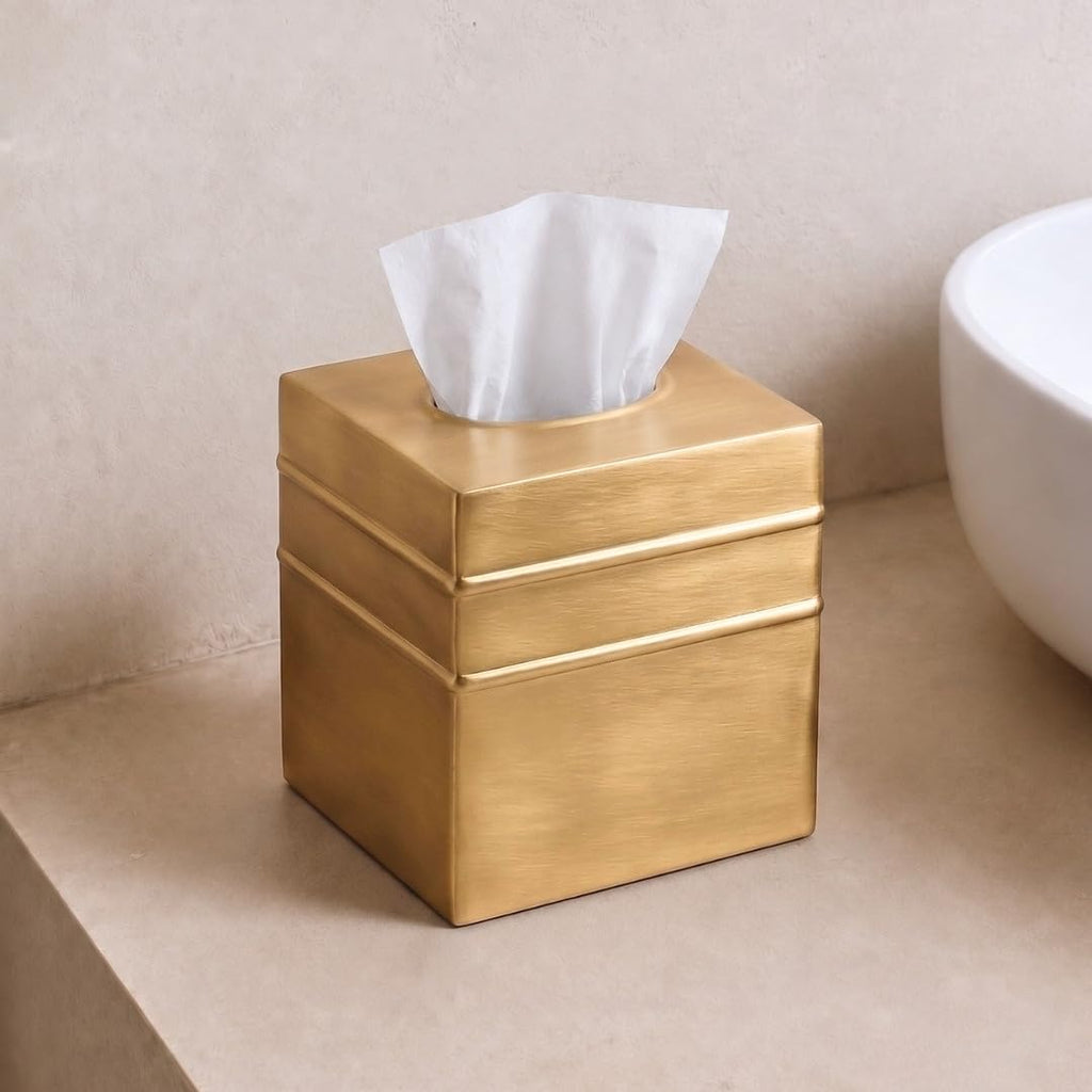 Monarch Abode Tissue Box Cover Square – Handcrafted Border Embossed Brushed Gold Metal Tissue Holder Box for Bathroom Accessory, Aesthetic Decorative Facial Napkin Cube for Modern Home Decor