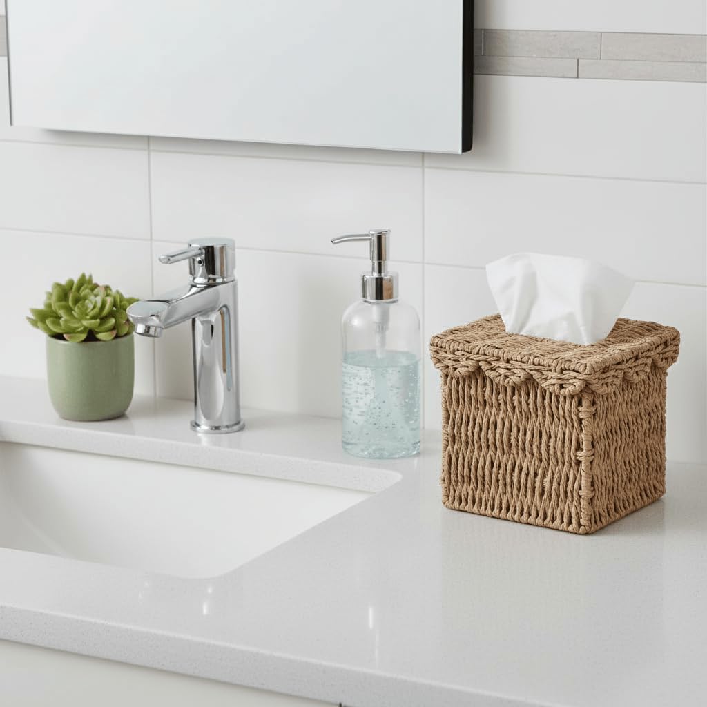 CubesLand Tissue Box Cover W/Scalloped Lid for Home Decor，Square Neutral