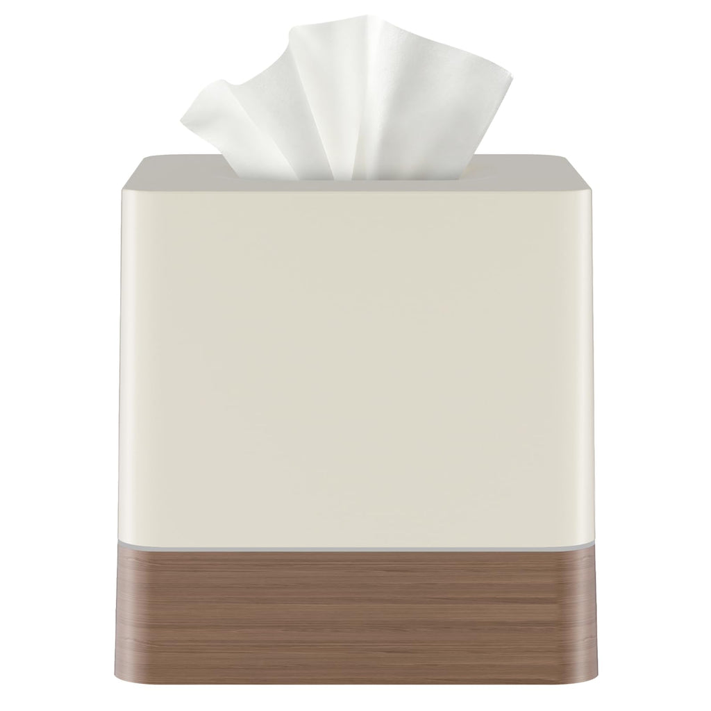 Y-in Hand Square Tissue Box Cover, Facial Cube Tissue Box Holder with Decorative Wood Grain Bottom for Bathroom Vanity, Countertop, Dresser, Nightstand, and Office - Beige