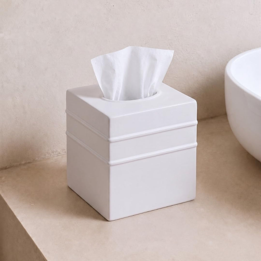 Monarch Abode Tissue Box Cover Square – Handcrafted Border Embossed White Metal Tissue Holder Box for Bathroom Accessory, Aesthetic Decorative Facial Napkin Cube for Modern Home Decor