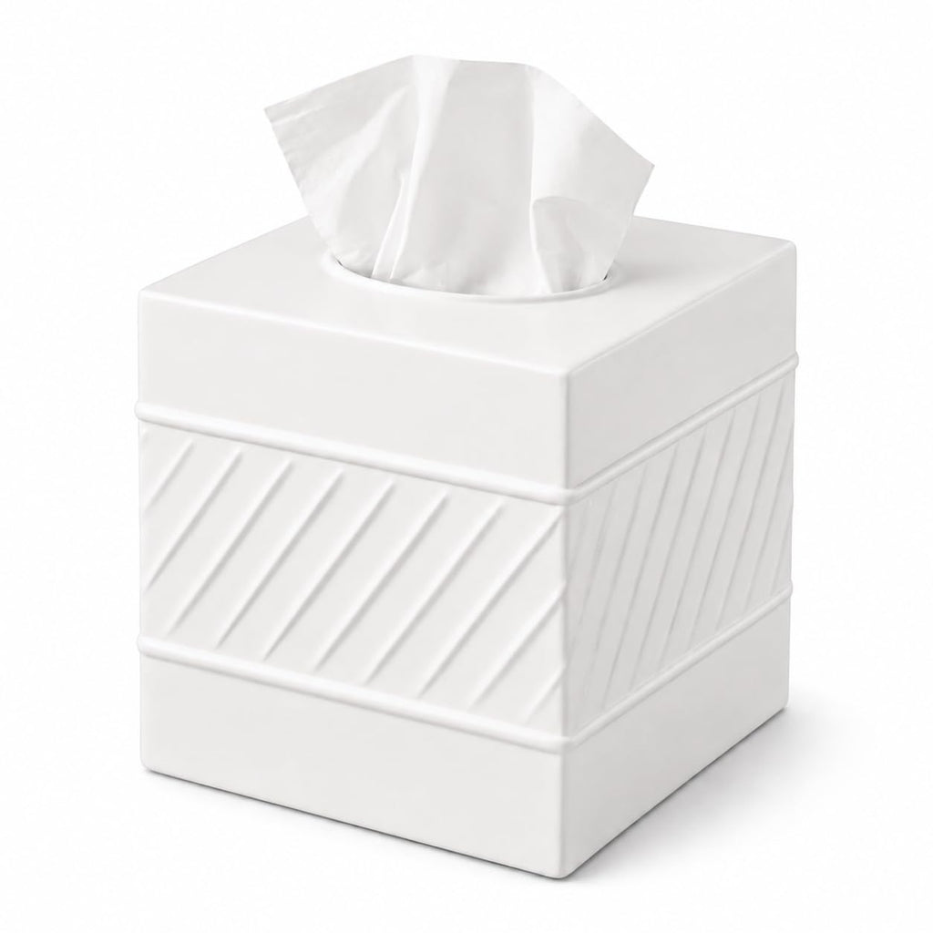 Monarch Abode Tissue Box Cover Square – Handcrafted Wave Embossed White Metal Tissue Holder Box for Bathroom Accessory, Aesthetic Decorative Facial Napkin Cube for Modern Home Decor