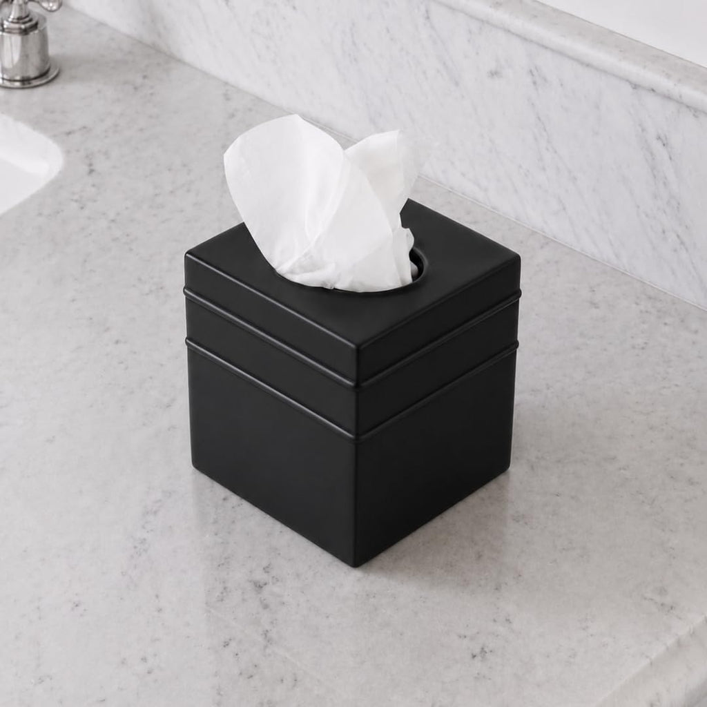 Monarch Abode Tissue Box Cover Square – Handcrafted Border Embossed Black Metal Tissue Holder Box for Bathroom Accessory, Aesthetic Decorative Facial Napkin Cube for Modern Home Decor