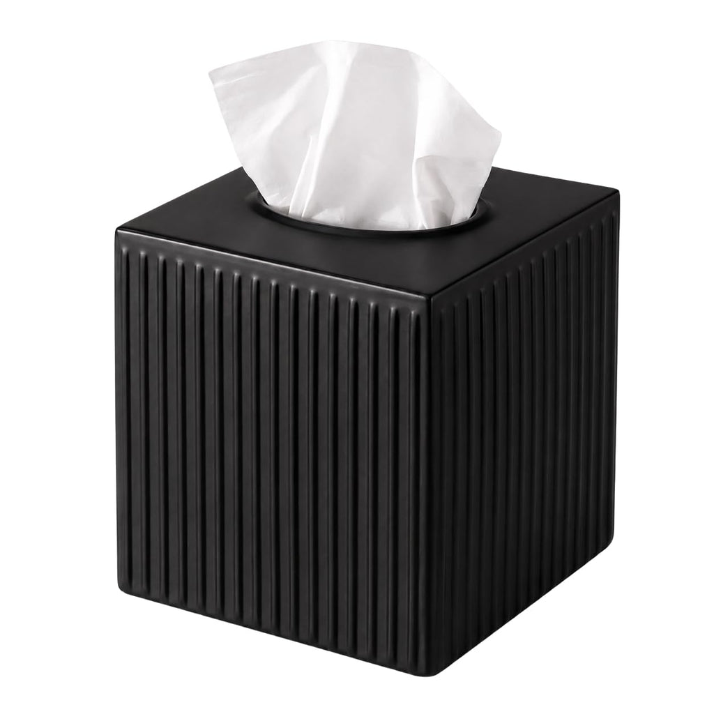 Monarch Abode Tissue Box Cover Square – Handcrafted Ridge Embossed Black Metal Tissue Holder Box for Bathroom Accessory, Aesthetic Decorative Facial Napkin Cube for Modern Home Decor