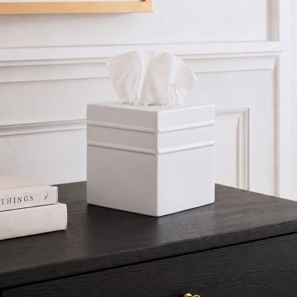 Monarch Abode Tissue Box Cover Square – Handcrafted Border Embossed White Metal Tissue Holder Box for Bathroom Accessory, Aesthetic Decorative Facial Napkin Cube for Modern Home Decor