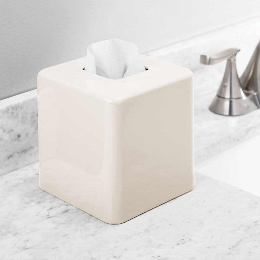 mDesign Metal Square Tissue Box Cover, Modern Facial Paper Holder - Accessories for Bathroom Vanity Countertop, Bedroom Dresser, Night Stand, Desk, Office, End Table - Unity Collection - Cream/Beige