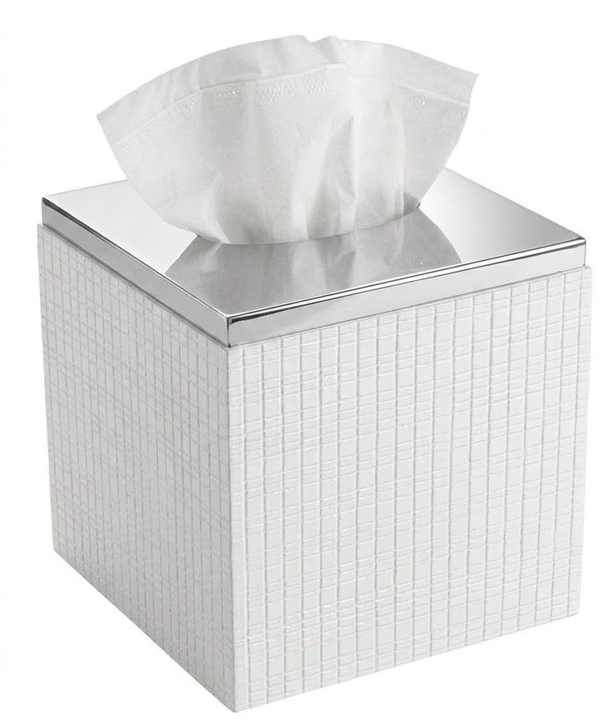 Estella White Square Resin Tissue Box Cover with Silver Top