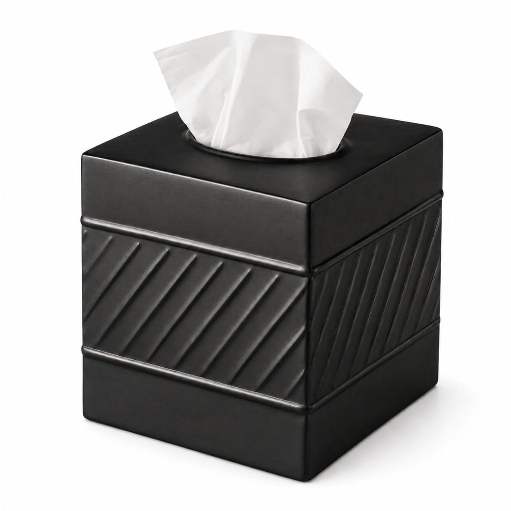 Monarch Abode Tissue Box Cover Square – Handcrafted Wave Embossed Black Metal Tissue Holder Box for Bathroom Accessory, Aesthetic Decorative Facial Napkin Cube for Modern Home Decor