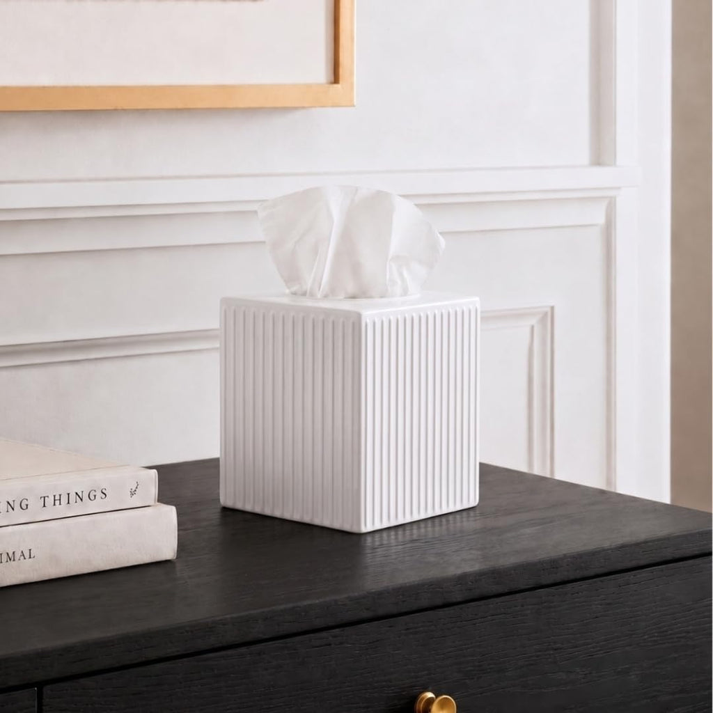 Monarch Abode Tissue Box Cover Square – Handcrafted Ridge Embossed White Metal Tissue Holder Box for Bathroom Accessory, Aesthetic Decorative Facial Napkin Cube for Modern Home Decor
