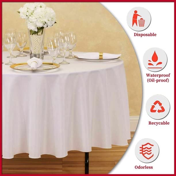 HOUZZKINGZ USA Paper Tablecloths for Round Tables | 82'' - 6 Pack | White Paper Disposable Tablecloth | 3-Ply Premium Paper & Plastic Table Cloths for Parties Disposable, (WPPRTC-6)