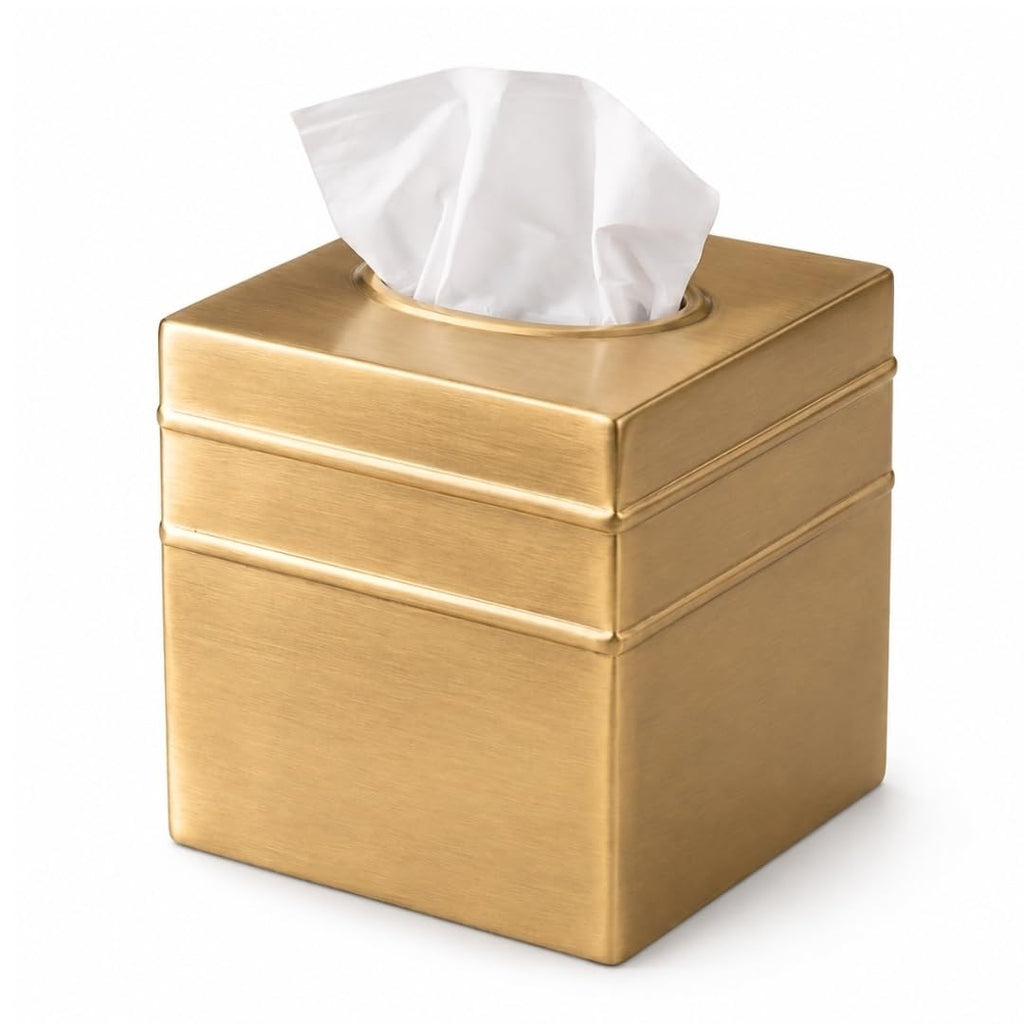 Monarch Abode Tissue Box Cover Square – Handcrafted Border Embossed Brushed Gold Metal Tissue Holder Box for Bathroom Accessory, Aesthetic Decorative Facial Napkin Cube for Modern Home Decor