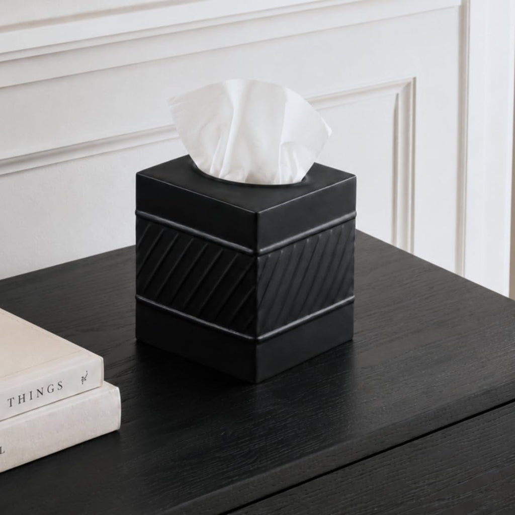 Monarch Abode Tissue Box Cover Square – Handcrafted Wave Embossed Black Metal Tissue Holder Box for Bathroom Accessory, Aesthetic Decorative Facial Napkin Cube for Modern Home Decor