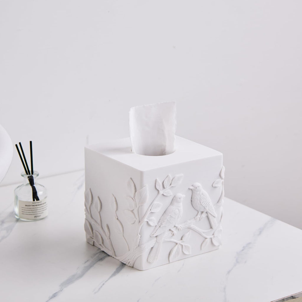 White Square Tissue Box Cover with Marble Relief Birds Branch Decorative