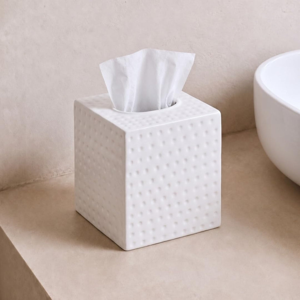 Monarch Abode Tissue Box Cover Square – Hand Hammered White Metal Tissue Holder Box for Bathroom Accessory, Aesthetic Decorative Facial Napkin Cube for Modern Home Decor
