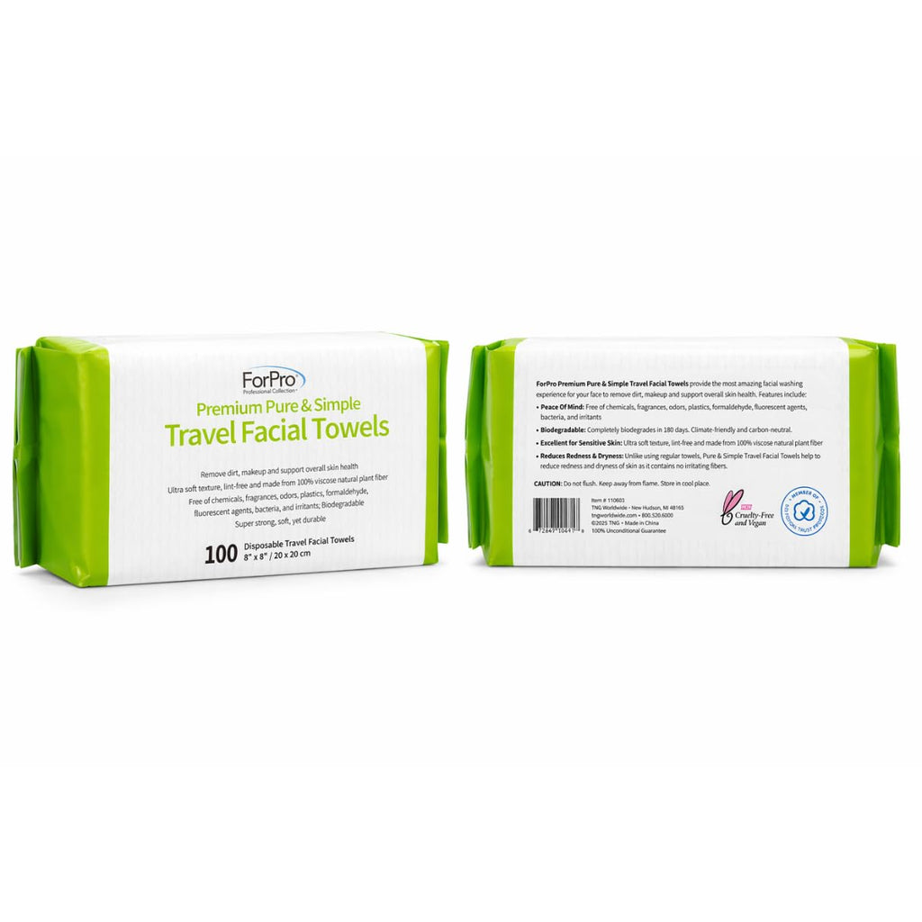 ForPro Pure & Simple Travel Facial Towels, 100ct, 8"x8", Vegan Cruelty-Free