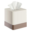 Y-in Hand Square Tissue Box Cover, Facial Cube Tissue Box Holder with Decorative Wood Grain Bottom for Bathroom Vanity, Countertop, Dresser, Nightstand, and Office - Beige