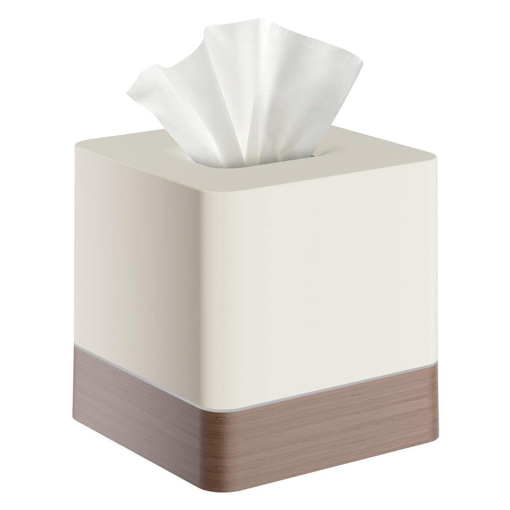Y-in Hand Square Tissue Box Cover, Facial Cube Tissue Box Holder with Decorative Wood Grain Bottom for Bathroom Vanity, Countertop, Dresser, Nightstand, and Office - Beige