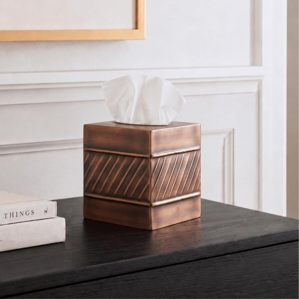 Monarch Abode Tissue Box Cover Square – Handcrafted Wave Embossed Antique Copper Metal Tissue Holder Box for Bathroom Accessory, Aesthetic Decorative Facial Napkin Cube for Modern Home Decor